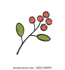 A whimsical hand drawn doodle of a twig featuring red round berries and two green leaves isolated on a white background