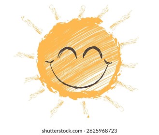 Whimsical hand drawn doodle vector illustration of a smiling sun character with closed eyes, radiating warmth, positivity and summer vibes