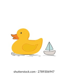 A whimsical hand drawn doodle of a yellow rubber duck swimming next to a small toy sailboat on a white background