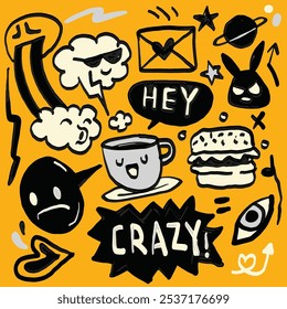 Whimsical hand drawn doodles featuring clouds, coffee cup, speech bubbles, emojis, and quirky symbols on a bold yellow background