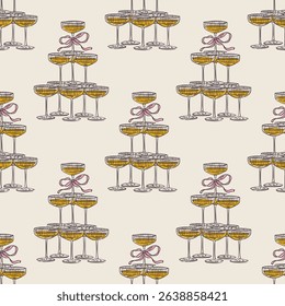 Whimsical hand drawn drinks, cocktails seamless pattern in trendy whimsical style. Perfect  background for quirky italian wedding holiday, poster cards, dinner and bar menu, fabric, wrapping paper..