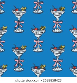 Whimsical hand drawn drinks, cocktails seamless pattern in trendy whimsical style. Perfect  background for quirky italian wedding holiday, poster cards, dinner and bar menu, fabric, wrapping paper..