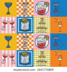 Whimsical hand drawn drinks, cocktails seamless pattern in trendy whimsical style. Perfect  background for quirky italian wedding holiday, poster cards, dinner and bar menu, fabric, wrapping paper..