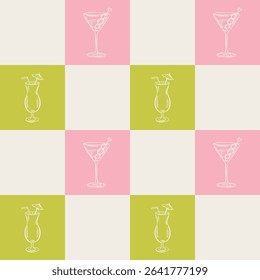 Whimsical hand drawn drinks, cocktails seamless pattern in trendy whimsical style. Perfect background for quirky italian wedding holiday, poster cards, dinner and bar menu, fabric, wrapping paper.