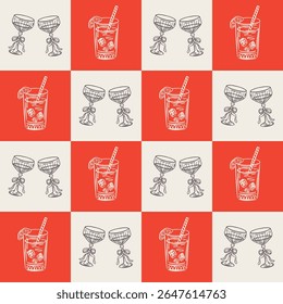 Whimsical hand drawn drinks, cocktails seamless pattern in trendy whimsical style. Perfect  background for quirky italian wedding holiday, poster cards, dinner and bar menu, fabric, wrapping paper..