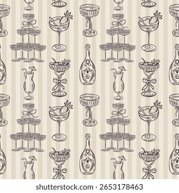 Whimsical hand drawn drinks, cocktails seamless pattern in trendy whimsical style. Perfect  background for quirky italian wedding holiday, poster cards, dinner and bar menu, fabric, wrapping paper..