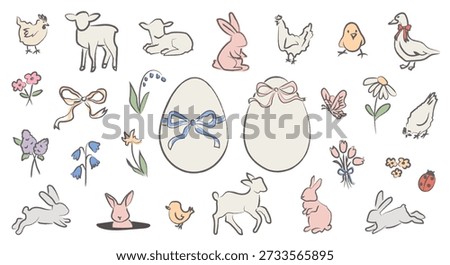 Whimsical hand drawn Easter illustration set with sketchy farm animal, decorative eggs, bow and spring flower elements in naive doodle style with rough imperfect lines for seasonal cards. Vector.