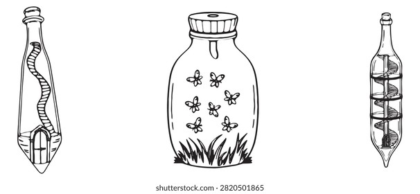 Whimsical Hand Drawn Fantasy Bottles With Spiral Staircases Butterfly Jar Magical Potion Fairy House Illustration Line Art Set Isolated Vector