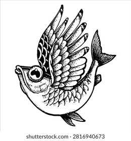 Whimsical hand drawn fish with bird wings creature illustration imaginary monochrome creative