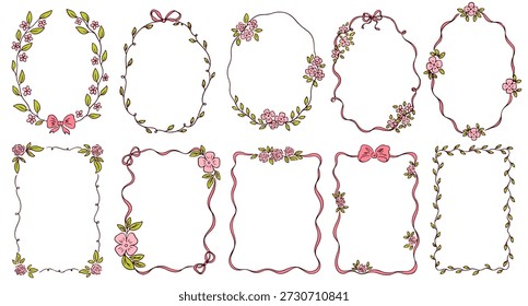 Coleção de molduras florais desenhadas à mão whimsical. Coquette vintage botanical flor grinalda com arcos e fitas. Vetor design ornamental com flor, cachos para cartaz, casamento e convites.