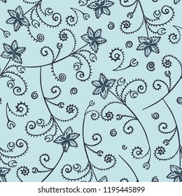 Whimsical hand drawn flowers with crescent moon leaves and swirls.Pretty all-over seamless vector pattern. Fabric, fashion, clothing, gift wrapping paper, scrapbooking paper, invitations, weddings.