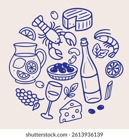 Whimsical hand drawn food circle featuring wine, cheese, seafood, olives, citrus, and herbs. Fun and charming style perfect for Mediterranean cuisine, gourmet branding, or culinary illustrations