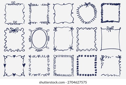 Whimsical handgezeichnete Rahmen mit welligen Schnörkel, lockige Schleifenränder in verspieltem Vintage-Stil-Set. Kreative Doodle-Vektorrahmen für trendige Einladungen, Grußkarten, Poster, dekoratives Design.