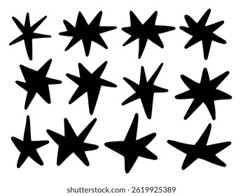 Whimsical Hand Drawn Funky Star. A collection of 12 whimsical hand drawn funky star shapes with playful and irregular styles, perfect for modern, trendy, and creative designs.