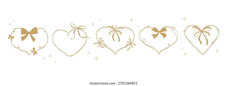 Marcos caprichosos dibujados a mano del borde del corazón fijados con los lazos y las cintas para el día de San Valentín, las invitaciones de boda, las tarjetas de felicitación, el empaquetado, los Anuncios, y las etiquetas. Ilustración vectorial elegante de los bordes del corazón