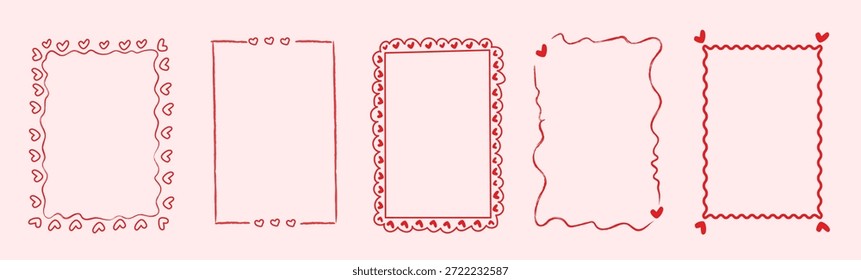 Whimsical hand drawn heart frames with playful sketch drawings. Romantic doodle borders for Valentine and wedding invitations, birthday cards, menu design and holiday graphic decoration. Vector.
