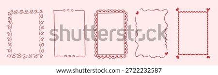 Whimsical hand drawn heart frames with playful sketch drawings. Romantic doodle borders for Valentine and wedding invitations, birthday cards, menu design and holiday graphic decoration. Vector.