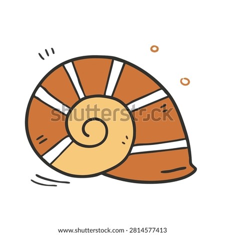 A whimsical hand drawn illustration of a brown and yellow snail shell with white stripes in a simple doodle style isolated on white