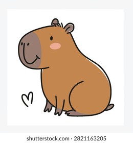 A whimsical hand drawn illustration of a cute capybara with a small heart symbol beside it on a plain background