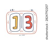 A whimsical hand drawn illustration featuring the number thirteen enclosed within a stylized decorative box with stars and hatch marks