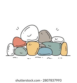 A whimsical hand drawn illustration featuring a stacked pile of various colorful pebbles and rocks with a simple artistic style.