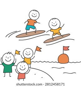 A whimsical hand drawn illustration featuring two stick figure children surfing on waves while others stand on the beach holding flags and cheering.