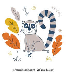 A whimsical hand drawn illustration of a friendly lemur with a long striped tail perched on a branch amidst stylized fall foliage
