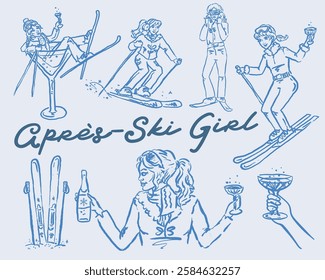 Après-ski - Whimsical hand drawn illustration set, vector collection