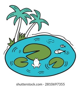 A whimsical hand drawn illustration of a small white frog floating in a blue pond with green lily pads and two small fish surrounded by palm trees