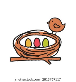 A whimsical hand drawn illustration of a small brown bird perched on a twig nest containing three vibrant colored eggs
