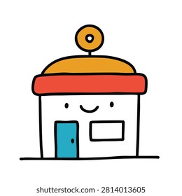 A whimsical hand drawn illustration of a small building with a happy smiling face featuring a blue door and orange roof