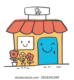A whimsical hand drawn illustration of a small shop with a winking blue door and a happy window decorated with potted flowers