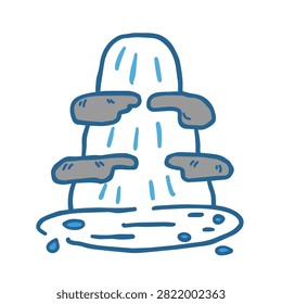 A whimsical hand drawn illustration of a small waterfall cascading down tiered rock formations into a pool of water in a doodle style.