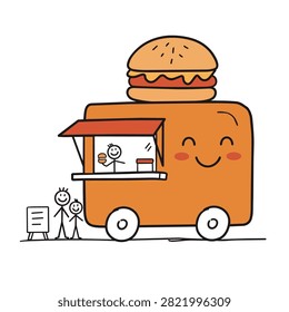 A whimsical hand drawn illustration of a smiling food truck topped with a giant hamburger serving happy stick figure characters