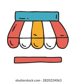 A whimsical hand drawn illustration of a striped shop awning in red yellow and white with a blue top border and a matching red bar below isolated on white