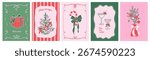 Whimsical hand drawn ink drawing Merry Christmas vintage cards set. Xmas coquette frames with ribbons and bows, christmas tree, gifts, candy cane. Minimalist posters in coquette doodle style. Vector