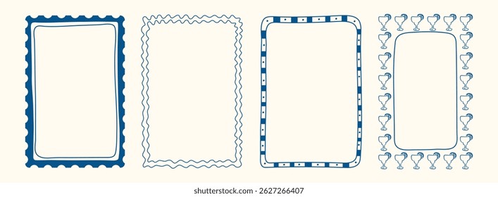 Whimsical hand drawn Italian blue postcard stamp set. Vintage Italy summer frames in doodle style. Minimalist mediterranean elements for menu, wedding, invitation. Coastal Isolated Vector illustration
