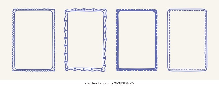 Whimsical hand drawn Italian borders, postcard stamp set. Vintage Italy summer frames in doodle style. Minimalist mediterranean blue elements for menu, wedding, invitation. Coastal Isolated Vector ill