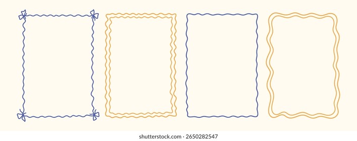 Whimsical hand drawn Italian borders, postcard stamp set. Vintage Italy summer frames. Minimalist mediterranean blue, yellow elements for menu, wedding, invitation. Doodle Isolated vector illustration
