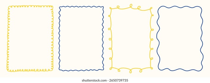 Whimsical hand drawn Italian borders, postcard stamp set. Vintage Italy summer frames. Minimalist mediterranean blue, yellow elements for menu, wedding, invitation. Doodle Isolated vector illustration