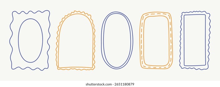 Whimsical hand drawn Italian borders, postcard stamp set. Vintage Italy summer frames. Minimalist mediterranean yellow, blue elements for menu, wedding, invitation. Doodle Isolated vector illustration