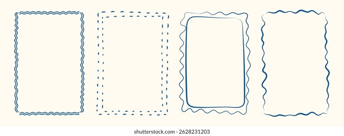 Whimsical hand drawn Italian postcard stamp set. Vintage Italy summer doodle border set. Minimalist frames, mediterranean elements for menu, wedding, prints, invitation. Coastal Isolated Vector illust