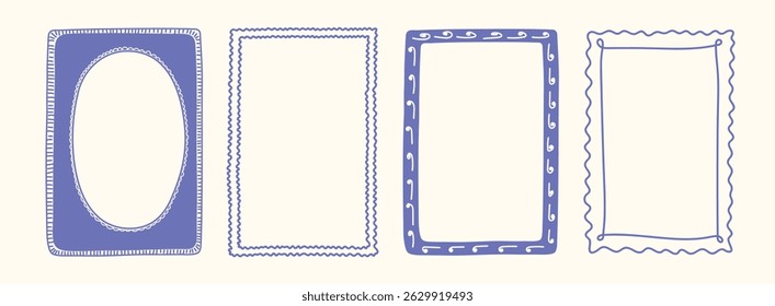 Whimsical hand drawn Italian postcard stamp set. Vintage Italy summer doodle border set. Minimalist frames, mediterranean elements for menu, wedding, prints, invitation. Coastal Isolated Vector illust