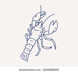 Whimsical hand drawn line art of lobster. Seafood coastal mediterranean food. Vector outline illustration