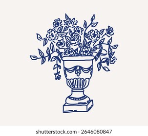 Whimsical hand drawn line art detailed floral vase features an arrangement of blooming flowers with intricate leaves for wedding invitation card template. Vector outline illustration