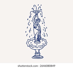 Whimsical hand drawn line art graceful fountain with sculpted figure holding bowl above head, water cascading down into basin for wedding invitation card template. Vector outline illustration