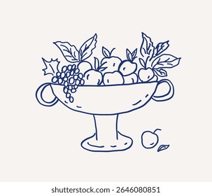 Whimsical hand drawn line art vase with assortment of fresh fruits, including apples and grapes, surrounded by vibrant green leaves. Vector outline illustration