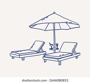 Whimsical hand drawn line art two lounge chairs under  large sun umbrella. Beach or poolside. Vector outline illustration
