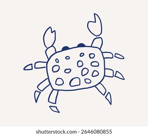 Whimsical hand drawn line art of crab featuring distinct spots and claws, playful design. The crab appears poised, reflecting a lighthearted sea theme. Vector outline illustration