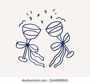 Whimsical hand drawn line art of two decorative glasses are positioned closely, clinking together in celebration. Wedding decor for invitation card template. Vector outline illustration